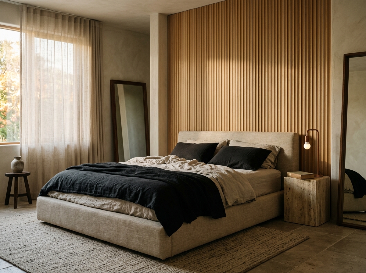 Chambre parentale épurée : lit en lin, tête de lit en chêne cannelé.