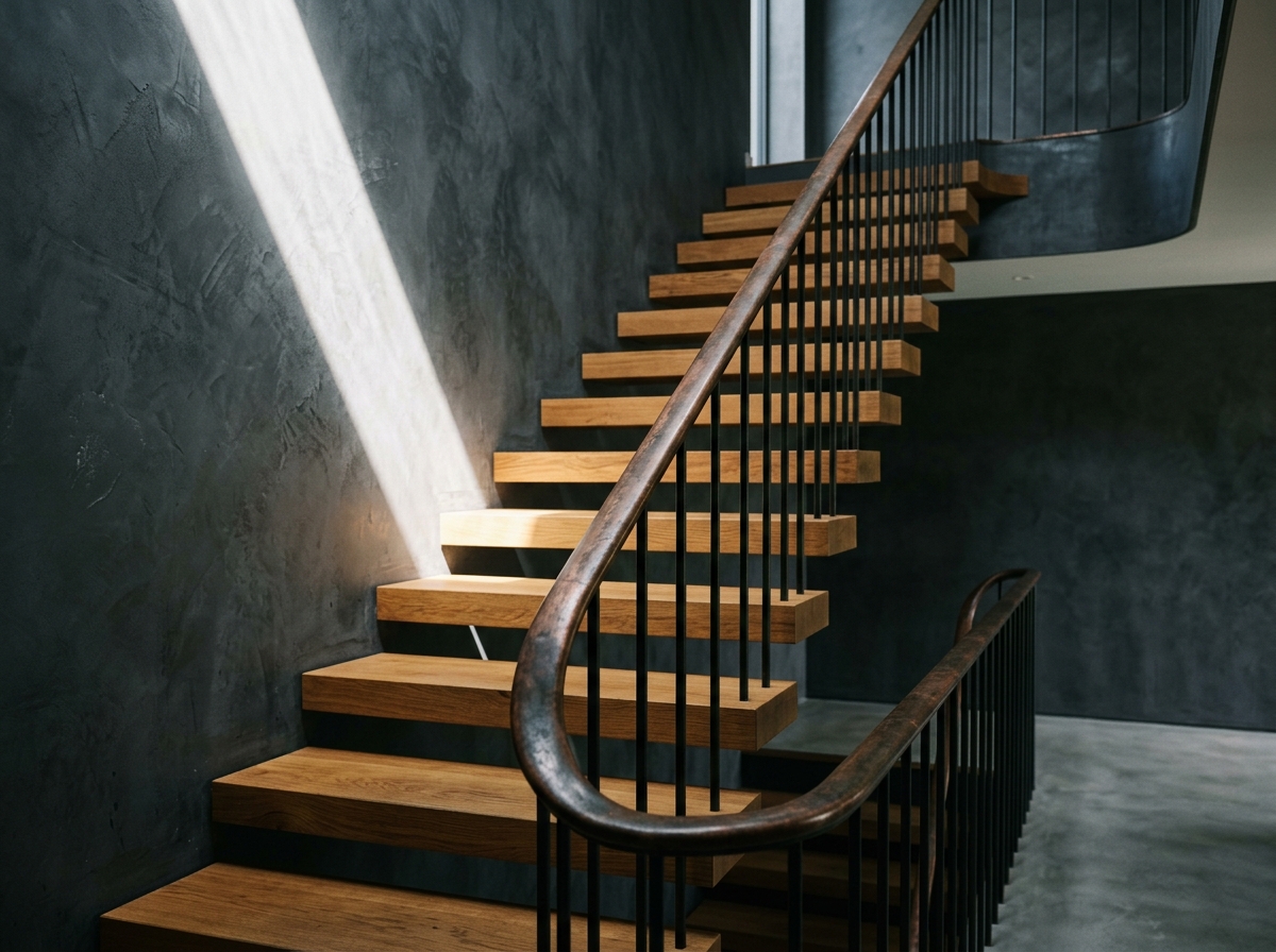 Escalier sculptural : marches en chêne, garde-corps en cuivre patiné.