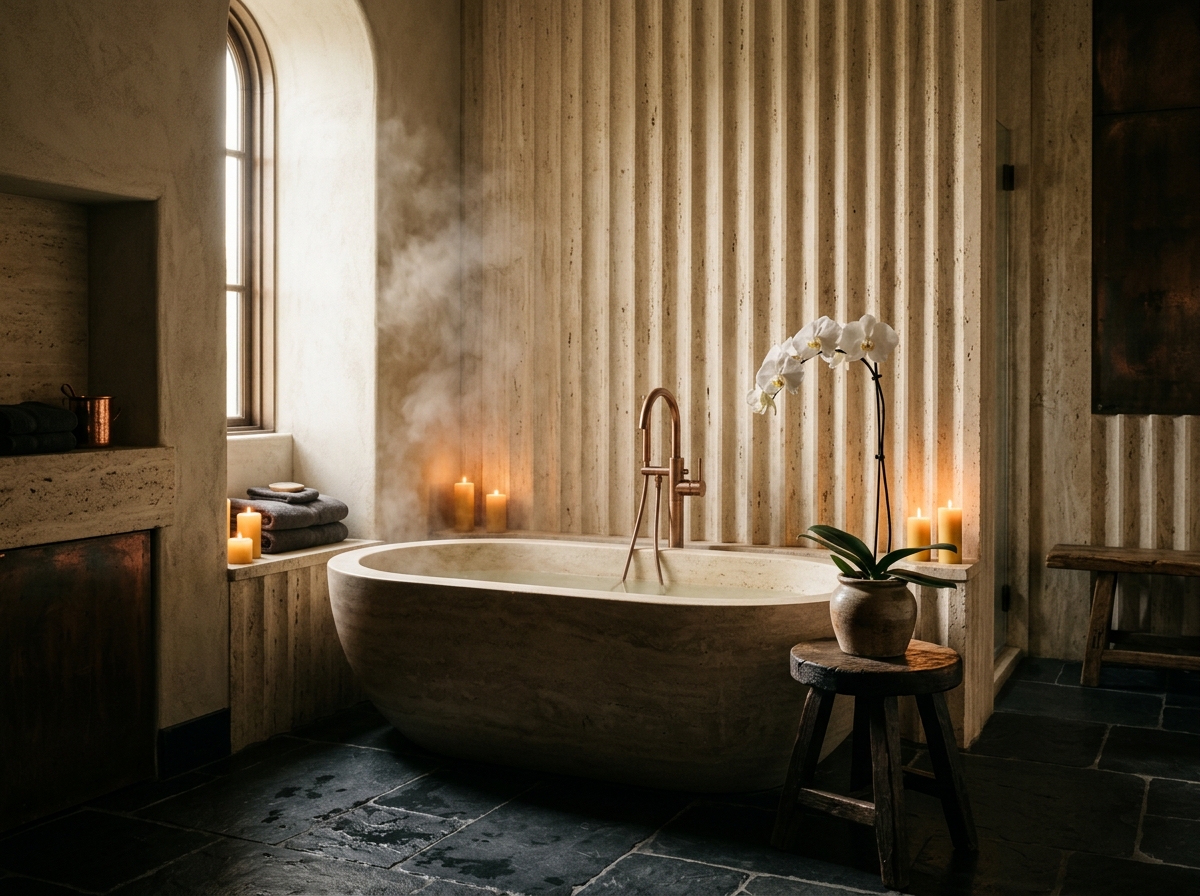 Salle de bain spa : travertin, baignoire pierre, robinets cuivre.