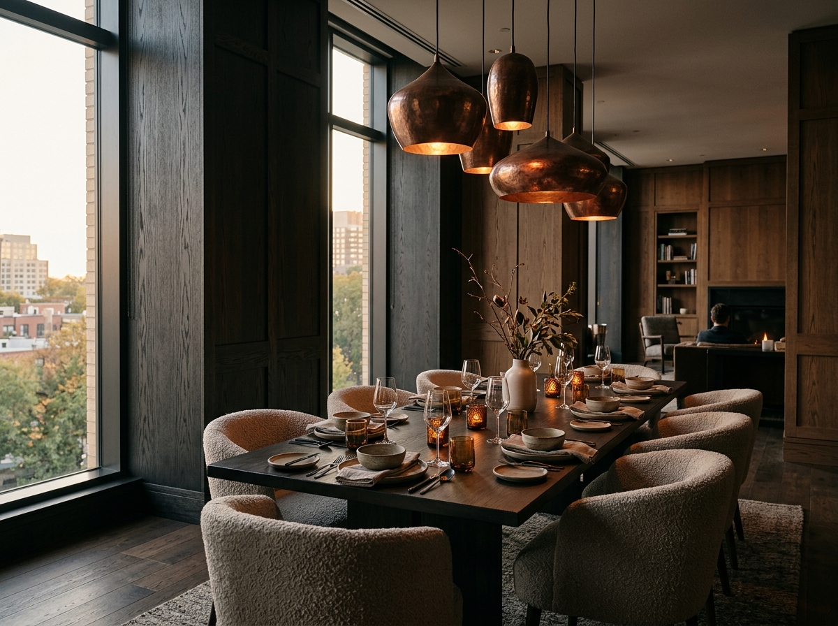 Lobby restaurant : chêne teinté, suspentes cuivre, table dressée.